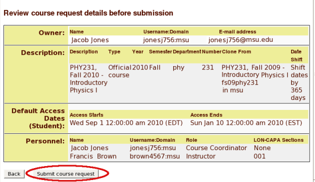 Review course request and submit